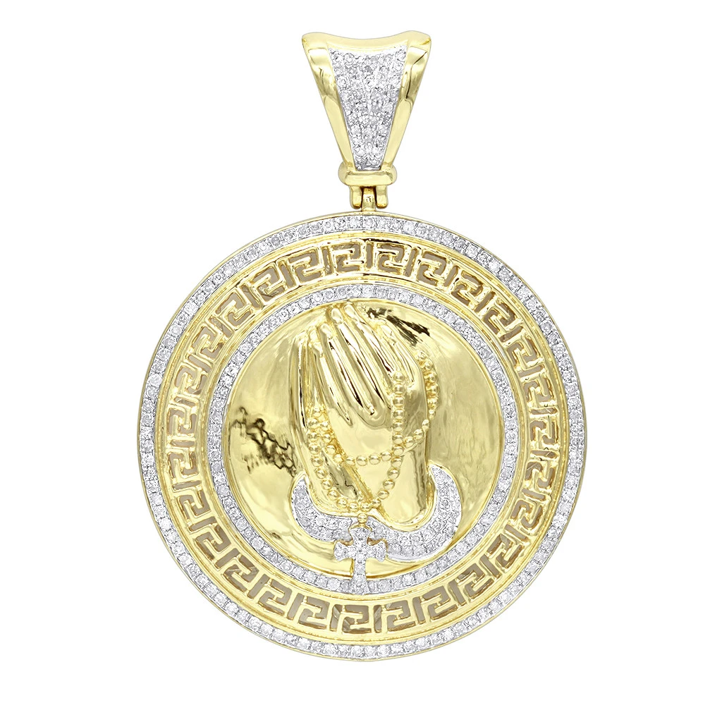 14K Yellow Gold Praying Hands With Rosary Diamond Pendant Medallion 1ct 2 14K Yellow Gold Praying Hands With Rosary Diamond Pendant Medallion 1ct - Image 2