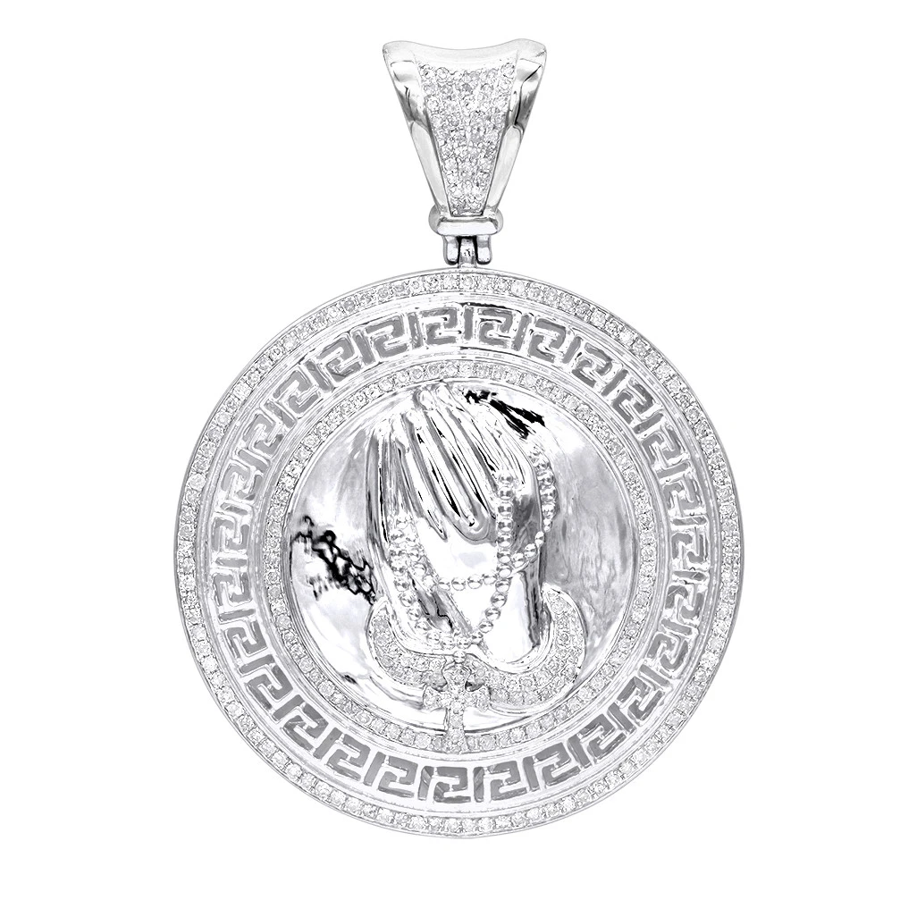 14K Yellow Gold Praying Hands With Rosary Diamond Pendant Medallion 1ct 3 14K Yellow Gold Praying Hands With Rosary Diamond Pendant Medallion 1ct - Image 3