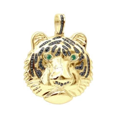 14K Yellow Gold Tiger Head Diamond Pendant For Men 2.2ct Black Diamonds