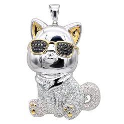 Real Diamond Cat Pendant With Sunglasses 14K White Gold Black & White Diamonds