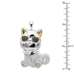 Real Diamond Cat Pendant With Sunglasses 14K White Gold Black & White Diamonds -Jewelry Sales Store real diamond cat pendant with sunglasses solid 10k gold black white diamonds 100581 ruler white