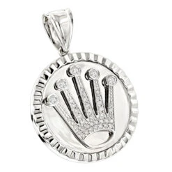 Rolex Style Diamond Crown Pendant Medallion 0.85ct 14K White Gold