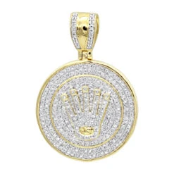 10K Yellow Gold Real Diamond Crown Pendant For Men Iced Out Round Medallion