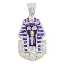 14K Yellow Gold Egyptian Pharaoh Head Enamel Diamond Pendant For Men 2.38ct