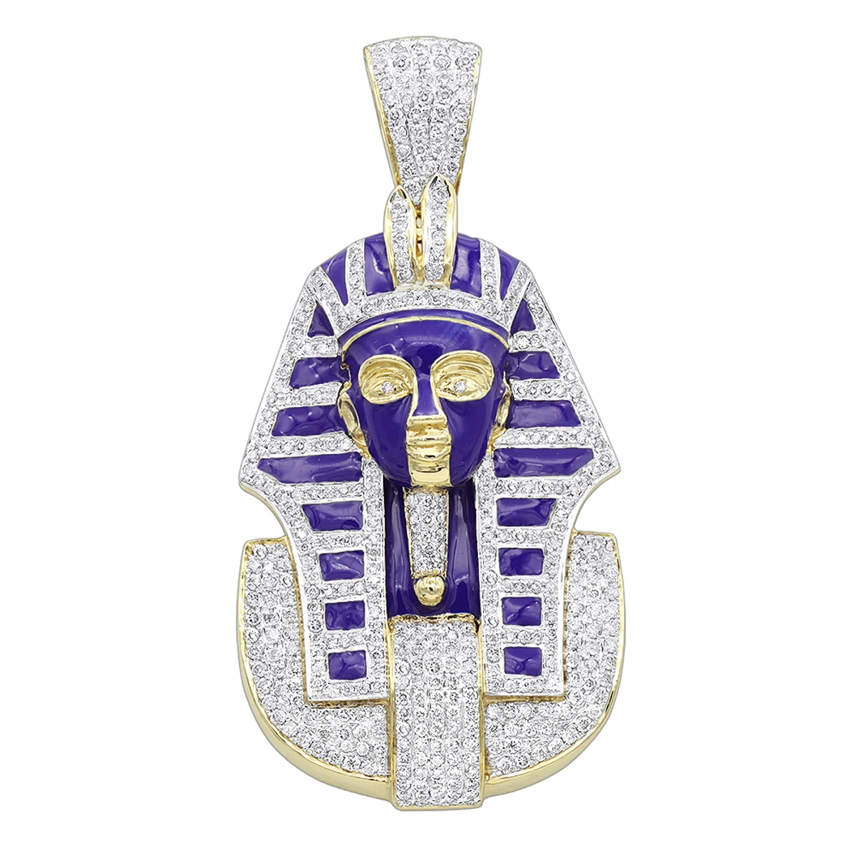 14K Yellow Gold Egyptian Pharaoh Head Enamel Diamond Pendant For Men 2.38ct 1 14K Yellow Gold Egyptian Pharaoh Head Enamel Diamond Pendant For Men 2.38ct