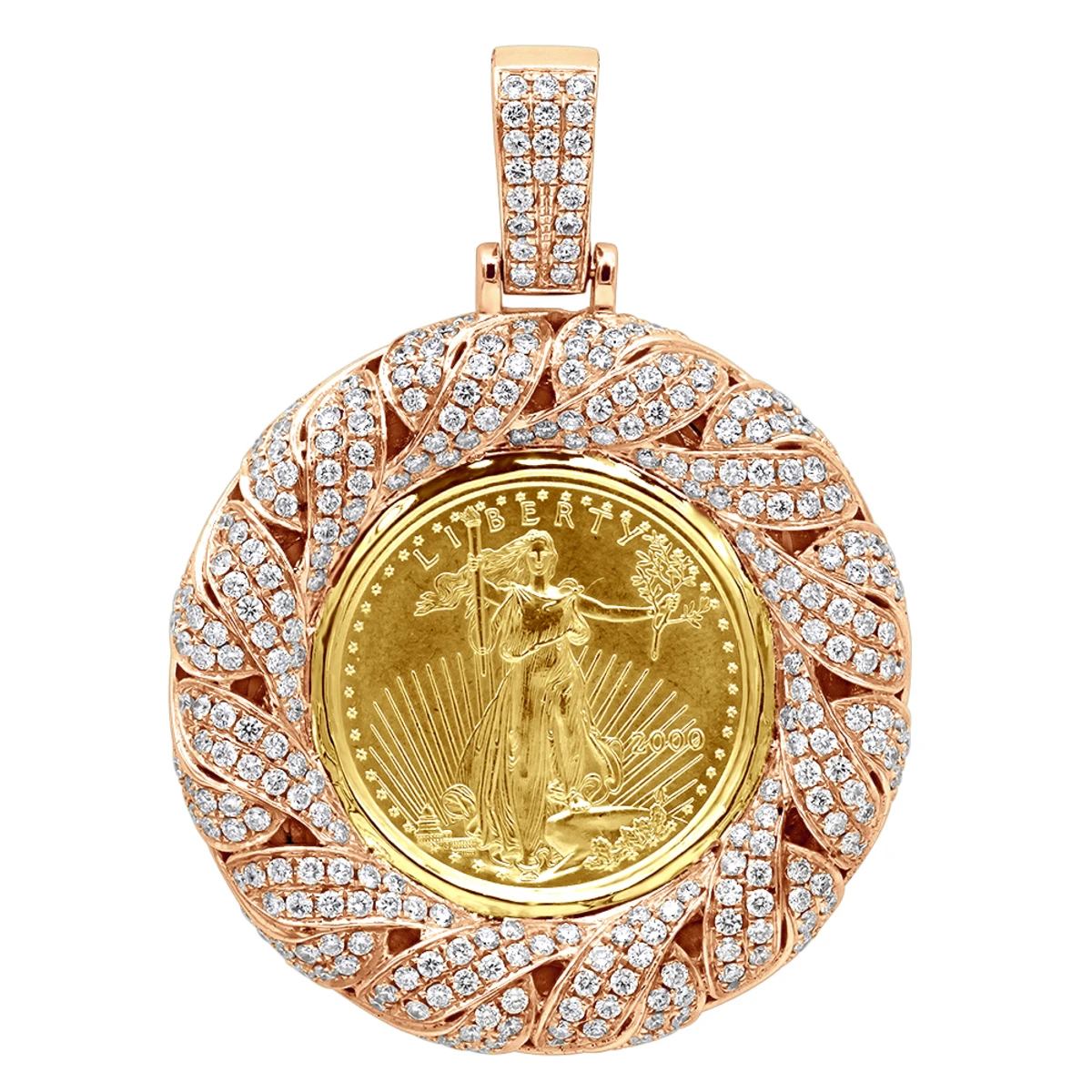 Unique 14K Rose Gold Liberty Coin Diamond Pendant For Men Medallion 3.1ct. 1 Unique 14K Rose Gold Liberty Coin Diamond Pendant For Men Medallion 3.1ct.