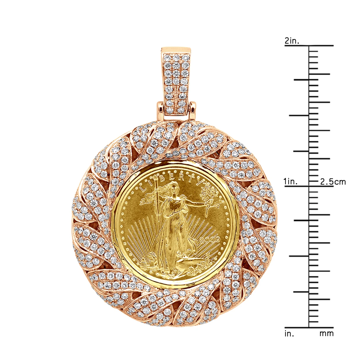 Unique 14K Rose Gold Liberty Coin Diamond Pendant For Men Medallion 3.1ct. 8 Unique 14K Rose Gold Liberty Coin Diamond Pendant For Men Medallion 3.1ct. - Image 8