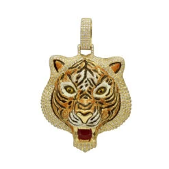 Unique 10K Yellow Gold Men's Custom Enamel & Diamond Tiger Pendant 1.75CT
