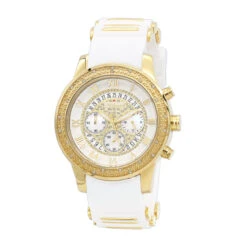 Yellow Gold Plt Jojino Men's Diamond Watch W White Rubber Band Chronograph